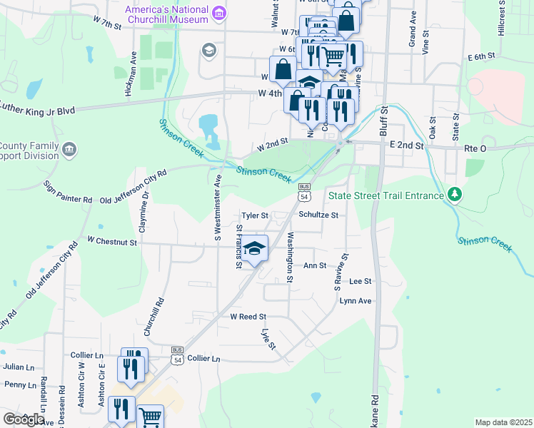 map of restaurants, bars, coffee shops, grocery stores, and more near 201 Tyler Street in Fulton