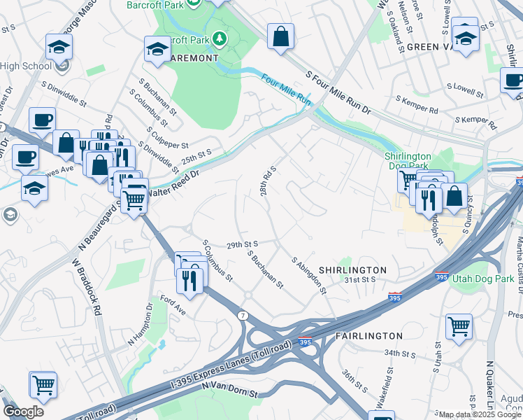 map of restaurants, bars, coffee shops, grocery stores, and more near 2832 South Abingdon Street in Arlington