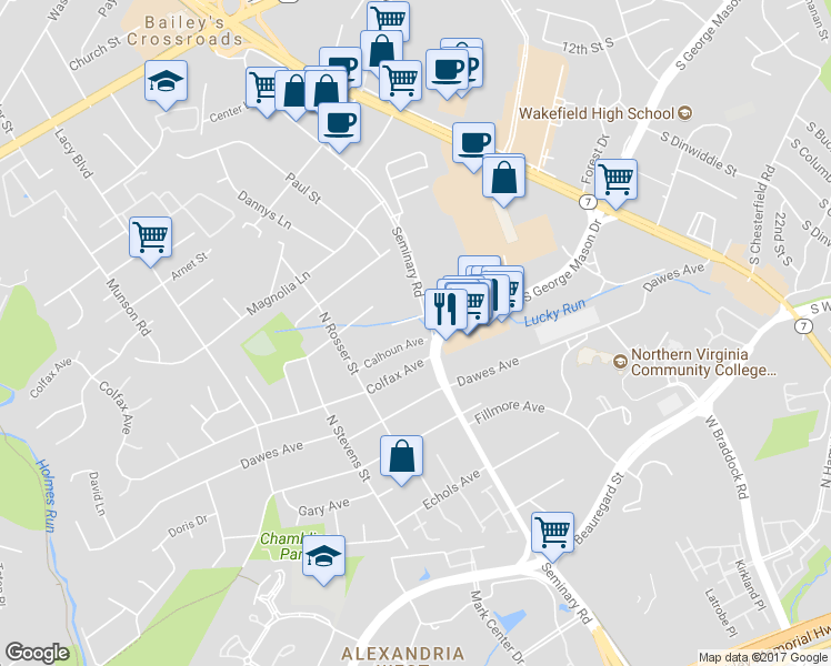 map of restaurants, bars, coffee shops, grocery stores, and more near 5415 Calhoun Avenue in Alexandria