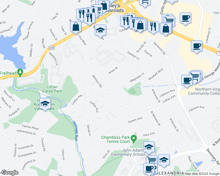 map of restaurants, bars, coffee shops, grocery stores, and more near 3808 Lacy Boulevard in Falls Church