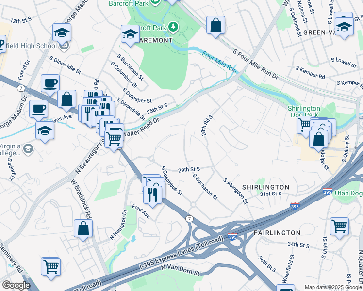 map of restaurants, bars, coffee shops, grocery stores, and more near 2820 South Buchanan Street in Arlington