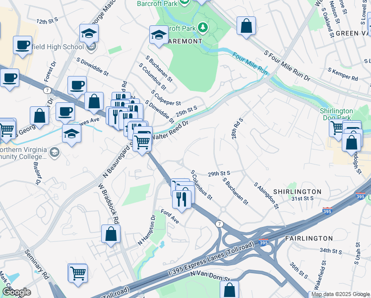 map of restaurants, bars, coffee shops, grocery stores, and more near 4845 South 28th Street in Arlington