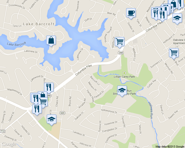 map of restaurants, bars, coffee shops, grocery stores, and more near 3833 Barcroft Lane in Alexandria