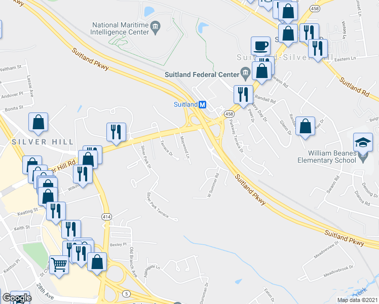 map of restaurants, bars, coffee shops, grocery stores, and more near 3522 Maywood Lane in Hillcrest Heights