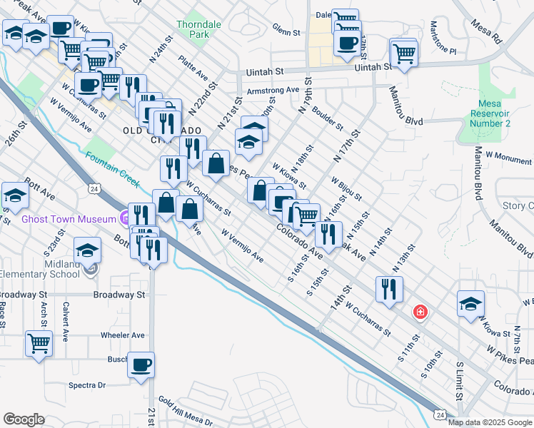 map of restaurants, bars, coffee shops, grocery stores, and more near 1723 West Colorado Avenue in Colorado Springs
