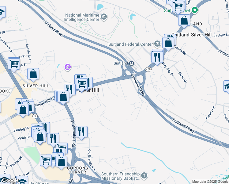 map of restaurants, bars, coffee shops, grocery stores, and more near 352-3 Terrace Drive in Hillcrest Heights