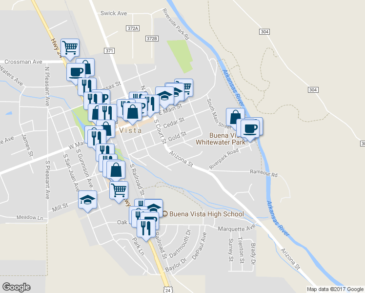 map of restaurants, bars, coffee shops, grocery stores, and more near 527 East Pine Street in Buena Vista