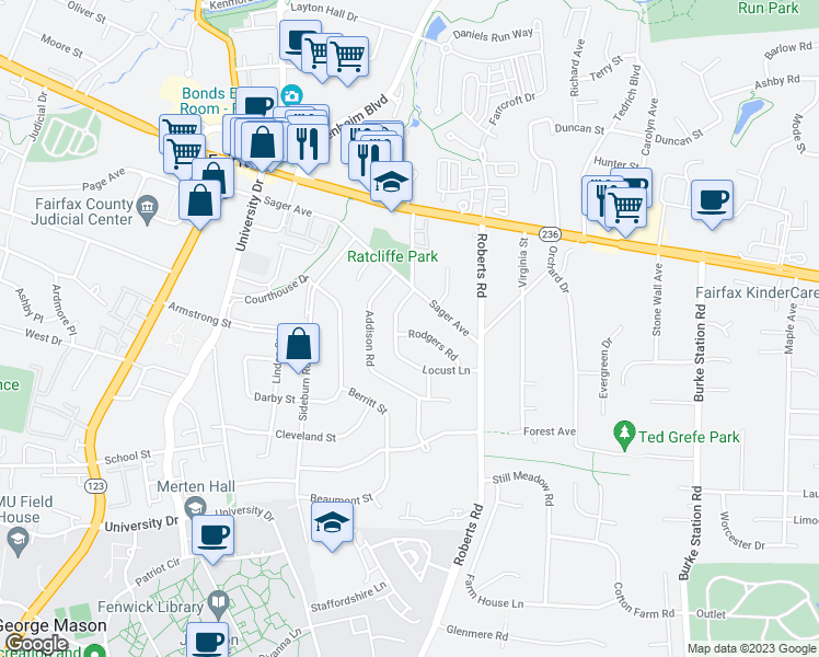 map of restaurants, bars, coffee shops, grocery stores, and more near 10222 Rodgers Road in Fairfax