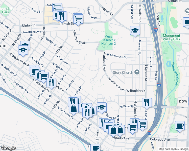 map of restaurants, bars, coffee shops, grocery stores, and more near 310 North Limit Street in Colorado Springs
