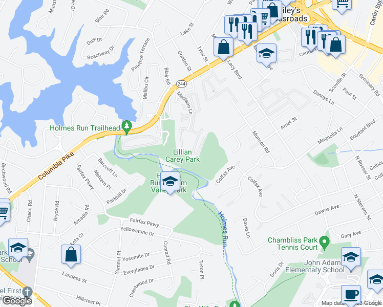 map of restaurants, bars, coffee shops, grocery stores, and more near 3848B Steppes Court in Falls Church