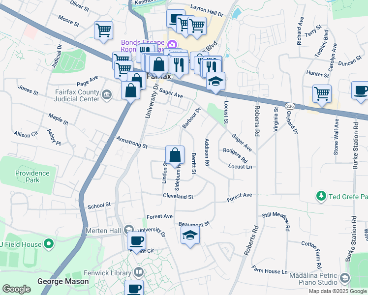 map of restaurants, bars, coffee shops, grocery stores, and more near 4109 Sideburn Road in Fairfax