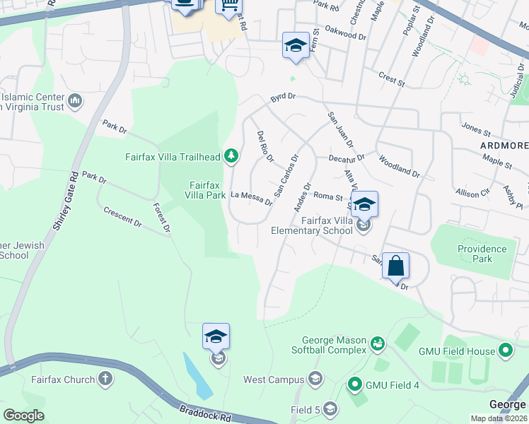 map of restaurants, bars, coffee shops, grocery stores, and more near 4410 San Carlos Drive in Fairfax