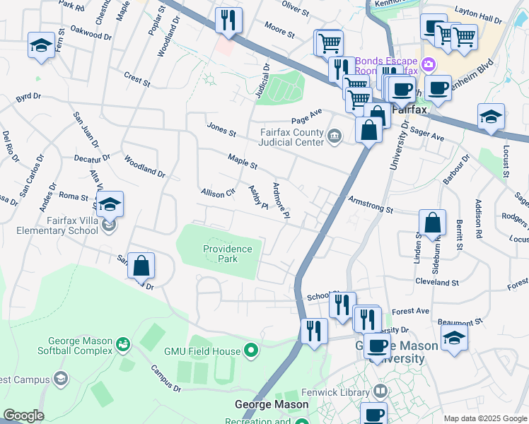 map of restaurants, bars, coffee shops, grocery stores, and more near 10619 Ashby Place in Fairfax