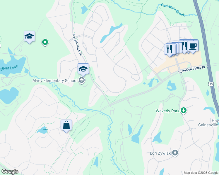 map of restaurants, bars, coffee shops, grocery stores, and more near 5434 Trevino Drive in Haymarket