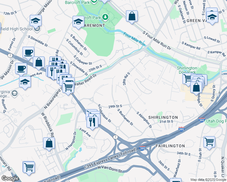 map of restaurants, bars, coffee shops, grocery stores, and more near 2812 South Abingdon Street in Arlington