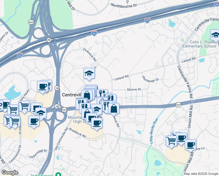 map of restaurants, bars, coffee shops, grocery stores, and more near 5624 Pickwick Road in Centreville