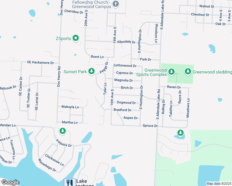 map of restaurants, bars, coffee shops, grocery stores, and more near 1502 Willow Drive in Greenwood