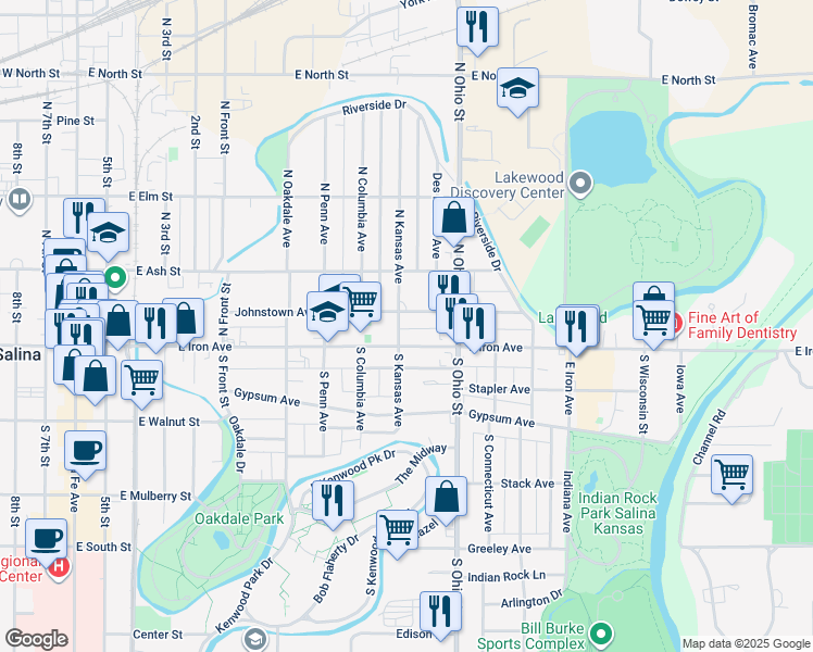 map of restaurants, bars, coffee shops, grocery stores, and more near 112 N Kansas Ave in Salina