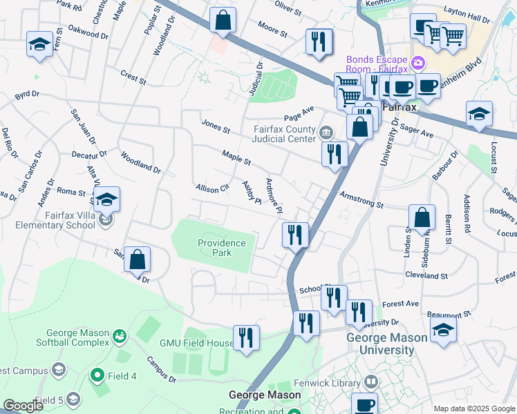 map of restaurants, bars, coffee shops, grocery stores, and more near 10619 Ashby Place in Fairfax