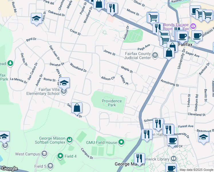 map of restaurants, bars, coffee shops, grocery stores, and more near 10725 West Drive in Fairfax