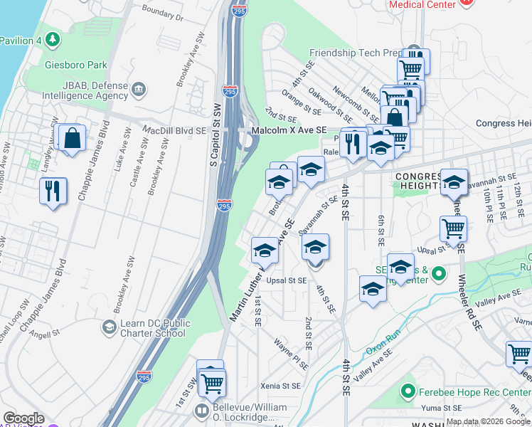map of restaurants, bars, coffee shops, grocery stores, and more near 120 Trenton Place Southeast in Washington