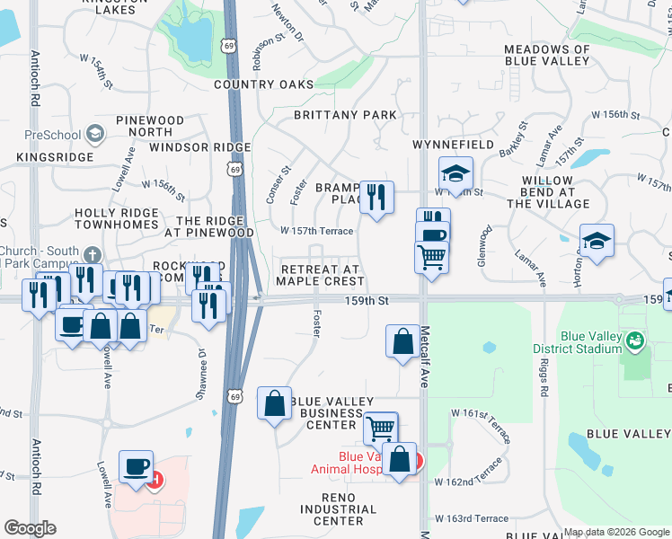 map of restaurants, bars, coffee shops, grocery stores, and more near 15833 Foster in Overland Park