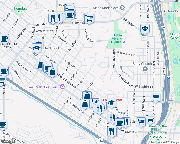 map of restaurants, bars, coffee shops, grocery stores, and more near 205 North 14th Street in Colorado Springs