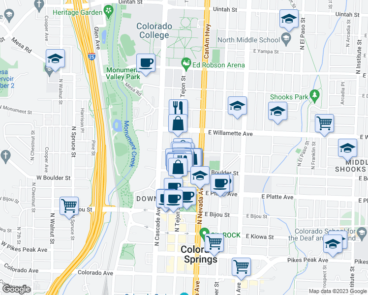 map of restaurants, bars, coffee shops, grocery stores, and more near 100 East Saint Vrain Street in Colorado Springs