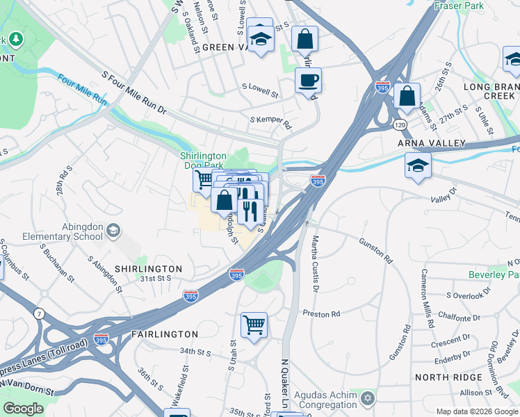 map of restaurants, bars, coffee shops, grocery stores, and more near 2700 South Quincy Street in Arlington