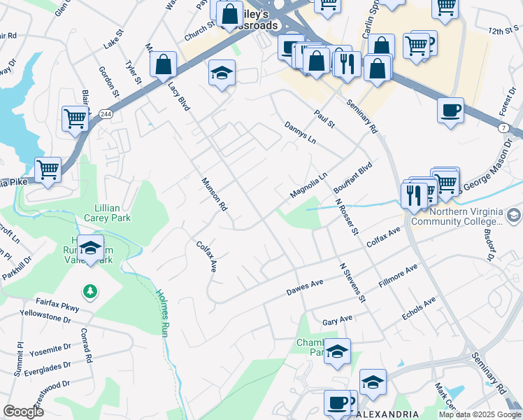 map of restaurants, bars, coffee shops, grocery stores, and more near 3815 Lacy Boulevard in Falls Church
