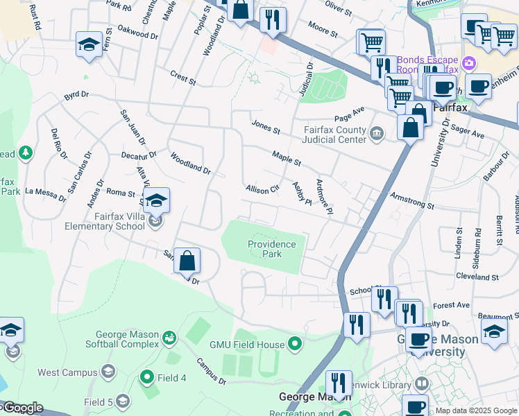 map of restaurants, bars, coffee shops, grocery stores, and more near 10725 West Drive in Fairfax