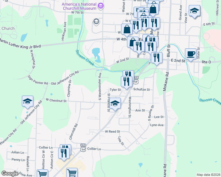 map of restaurants, bars, coffee shops, grocery stores, and more near 232 Saint Francis Street in Fulton
