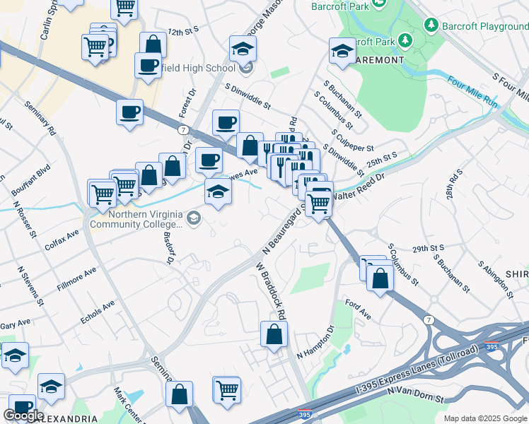 map of restaurants, bars, coffee shops, grocery stores, and more near 3440 Terrace Court in Alexandria