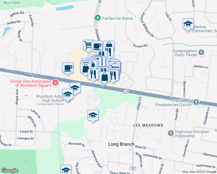 map of restaurants, bars, coffee shops, grocery stores, and more near 9452 Main Street in Fairfax