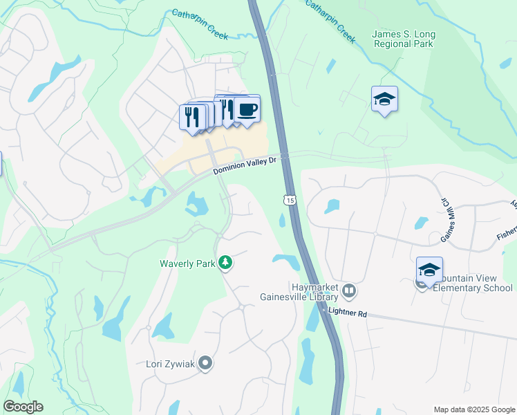 map of restaurants, bars, coffee shops, grocery stores, and more near 15052 Doral Place in Haymarket