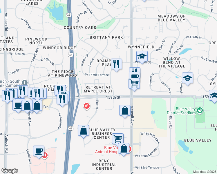 map of restaurants, bars, coffee shops, grocery stores, and more near 7321 West 158th Terrace in Overland Park