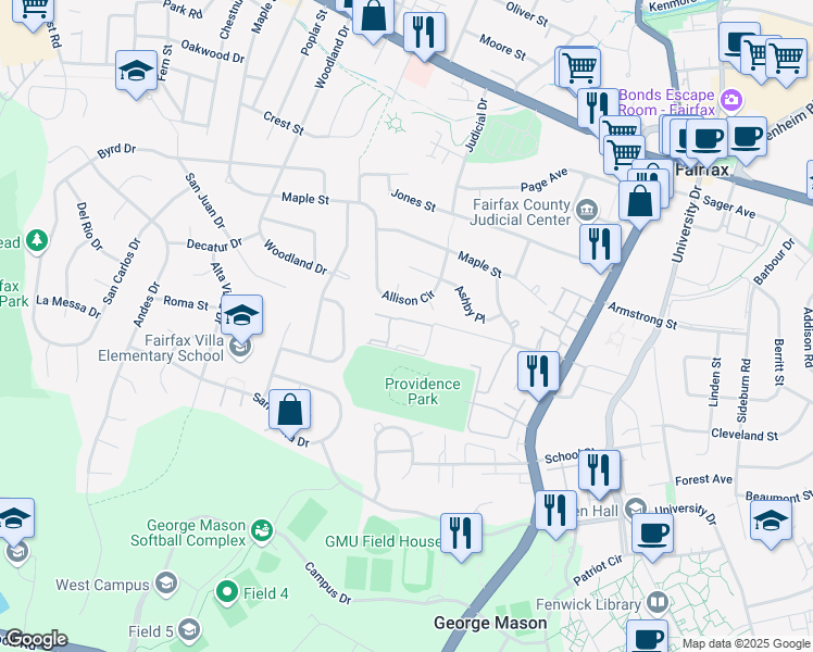 map of restaurants, bars, coffee shops, grocery stores, and more near 10725 West Drive in Fairfax