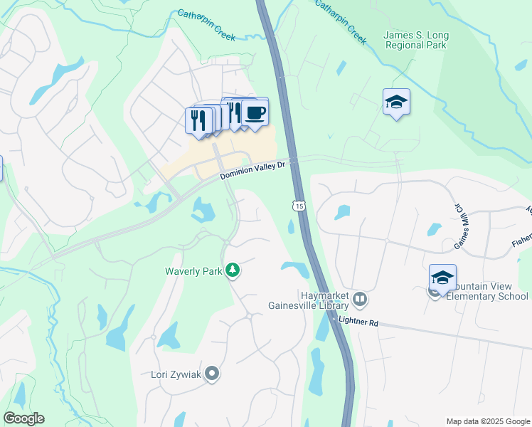 map of restaurants, bars, coffee shops, grocery stores, and more near 15052 Doral Place in Haymarket