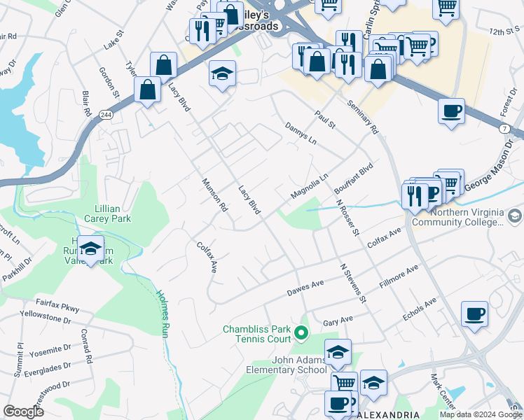 map of restaurants, bars, coffee shops, grocery stores, and more near 3815 Lacy Boulevard in Falls Church