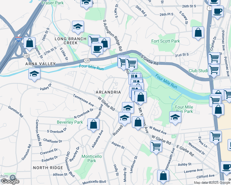map of restaurants, bars, coffee shops, grocery stores, and more near 3913 Courtland Circle in Alexandria