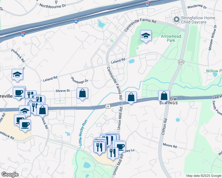 map of restaurants, bars, coffee shops, grocery stores, and more near 13477 Coneflower Court in Centreville