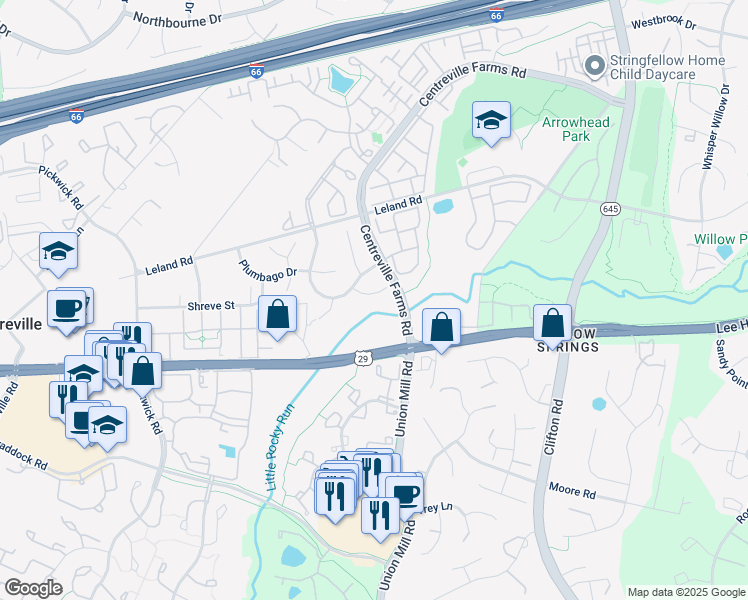 map of restaurants, bars, coffee shops, grocery stores, and more near 13477 Coneflower Court in Centreville