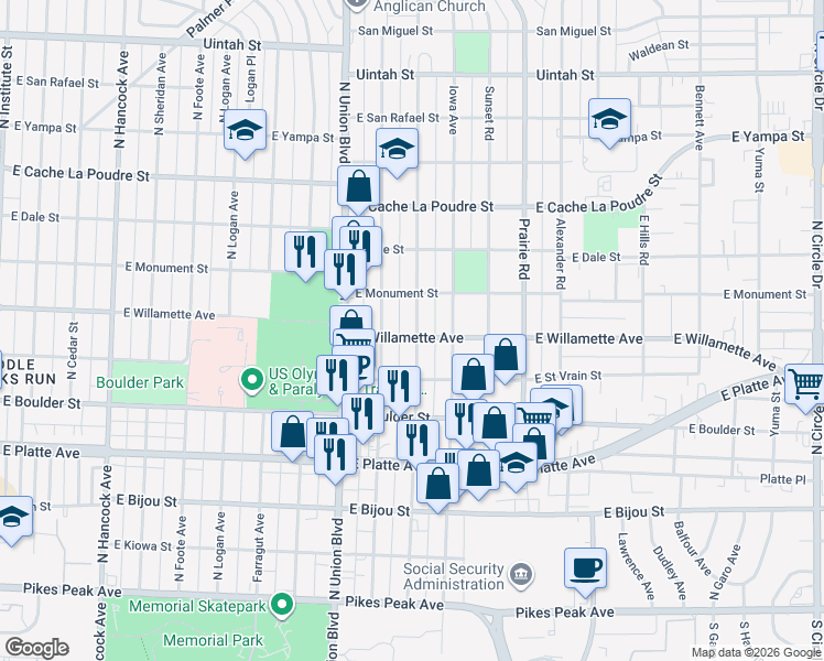 map of restaurants, bars, coffee shops, grocery stores, and more near 1928 East Willamette Avenue in Colorado Springs
