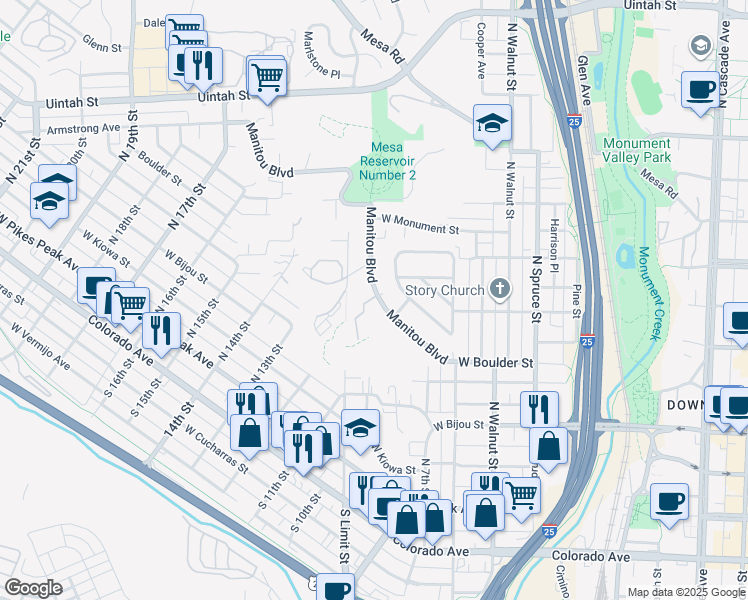 map of restaurants, bars, coffee shops, grocery stores, and more near 685 Pony Lane in Colorado Springs