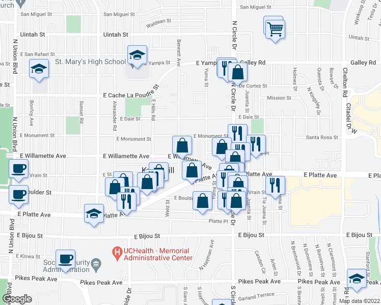 map of restaurants, bars, coffee shops, grocery stores, and more near 2616 East Willamette Avenue in Colorado Springs