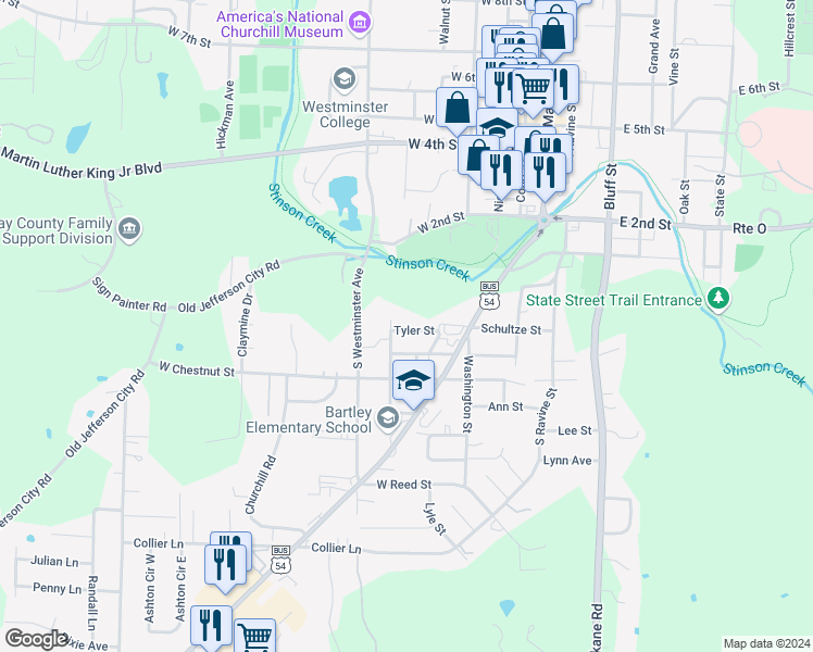 map of restaurants, bars, coffee shops, grocery stores, and more near 213 Tyler Street in Fulton