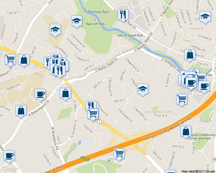 map of restaurants, bars, coffee shops, grocery stores, and more near 2820 South Buchanan Street in Arlington