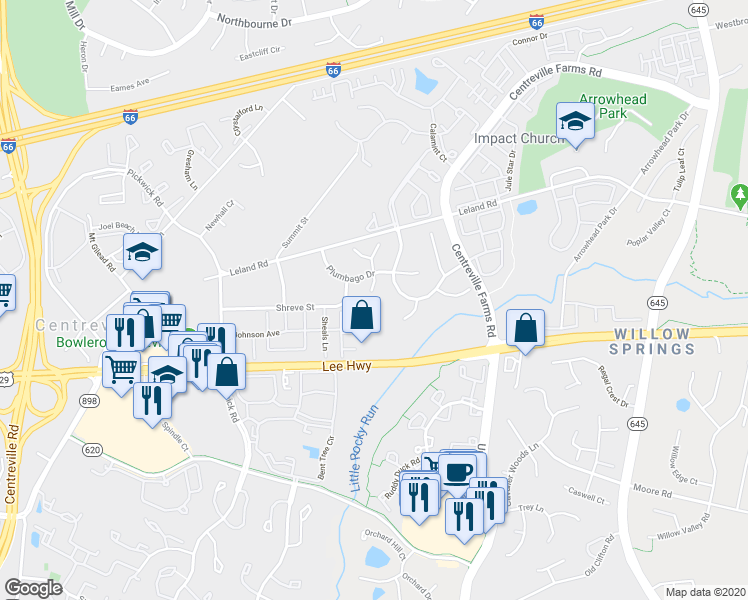 map of restaurants, bars, coffee shops, grocery stores, and more near 5521 LAVATERA Ct in Centreville
