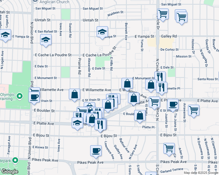 map of restaurants, bars, coffee shops, grocery stores, and more near 2502 East Willamette Avenue in Colorado Springs