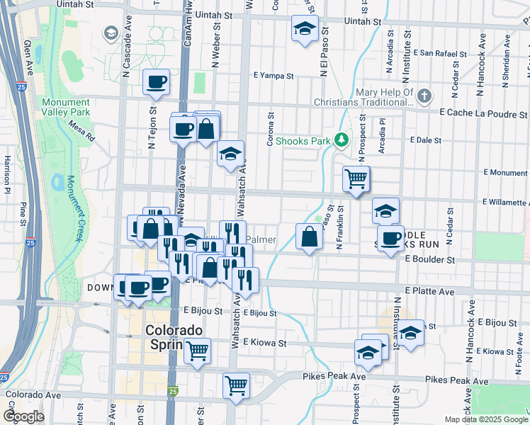 map of restaurants, bars, coffee shops, grocery stores, and more near 506 North Royer Street in Colorado Springs